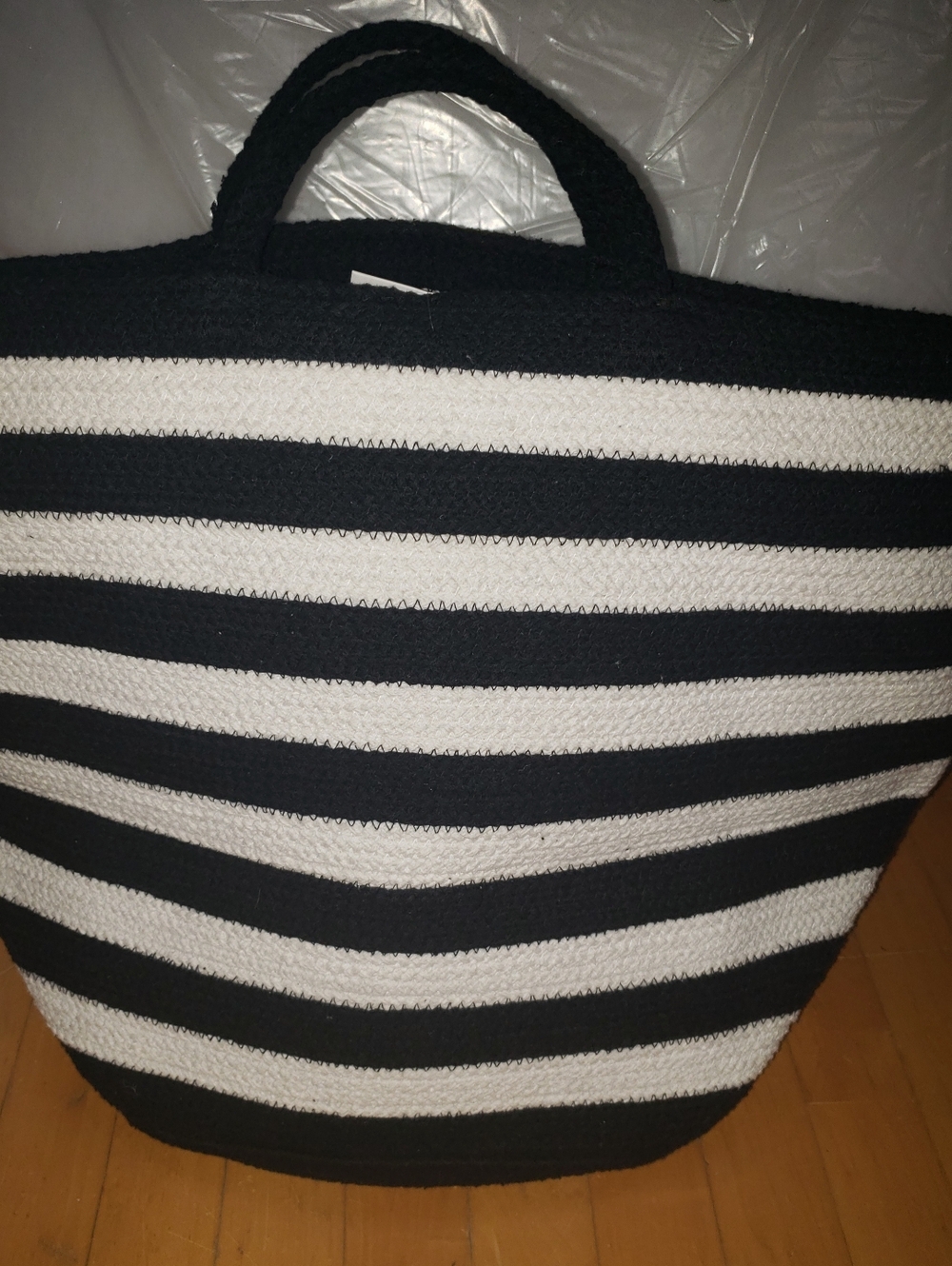 NWT. Black White Pinstripe 100% Cotton Stury Beach Tote Bag